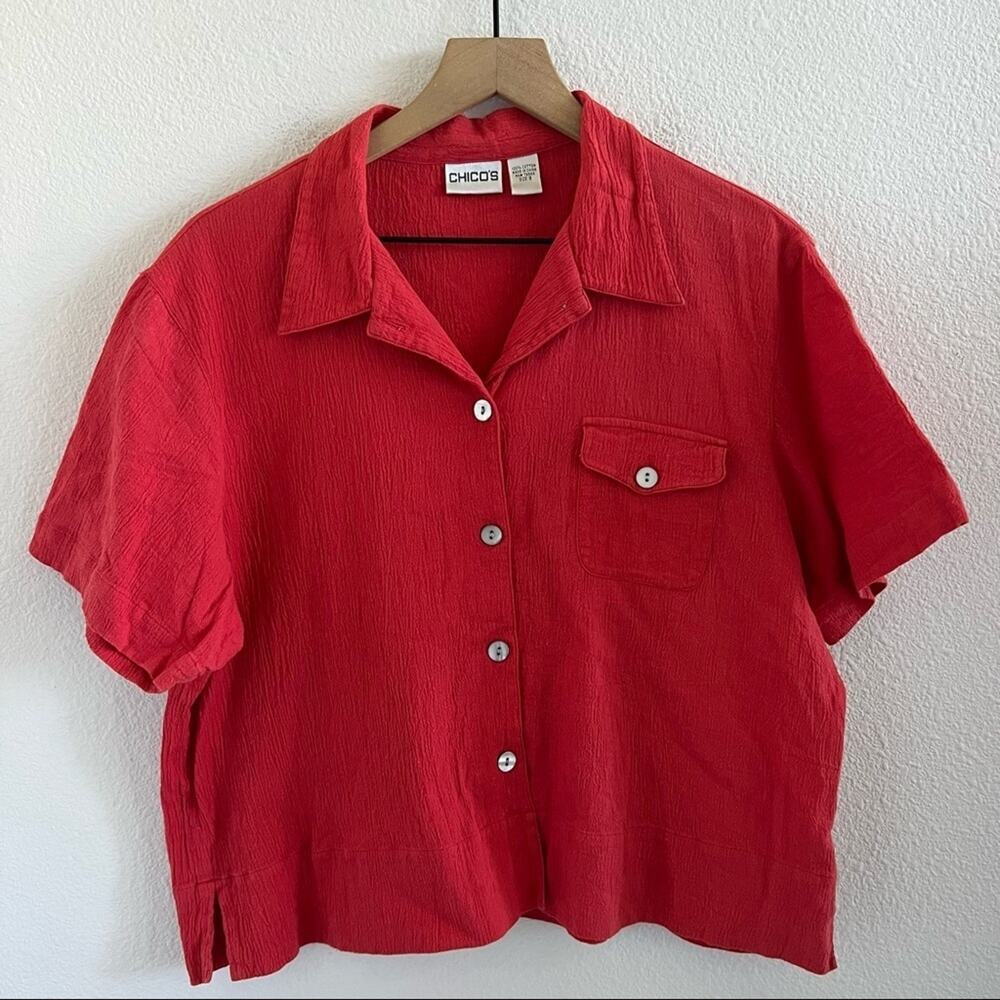 Chico's Crinkle Cotton Button Front Collar Top Modest Mature Red Orange XL